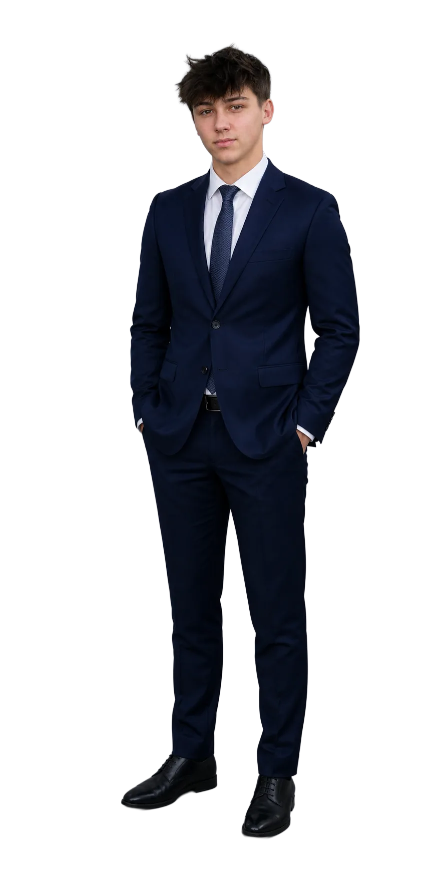 Parker Scroggins, standing in a navy suit